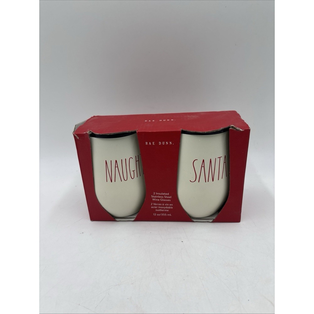 Rae Dunn Insulated Wine Glasses Stainless Steel NICE & NAUGHTY in box white red